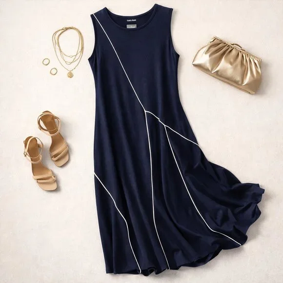 KAREN KANE Navy Midi Dress L | Sleeveless A-Line Stretch Knit - NWT - Picture 7 of 10